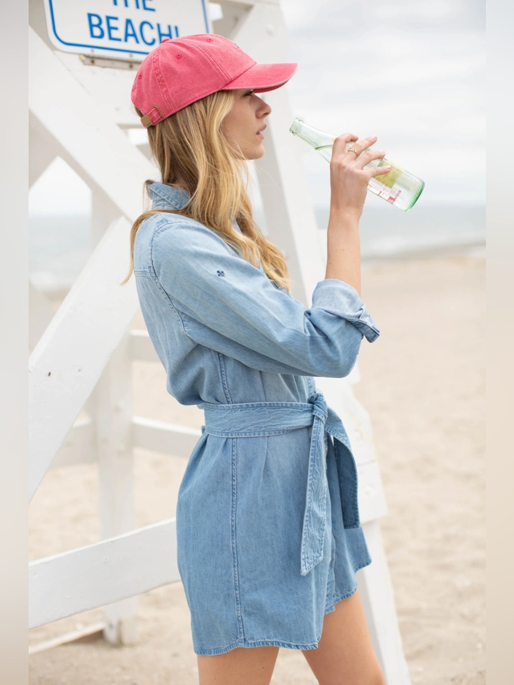 LACOSTE Light Blue Denim Belted Dress with Collar Sz 36 Long Sleeves Denim Mini